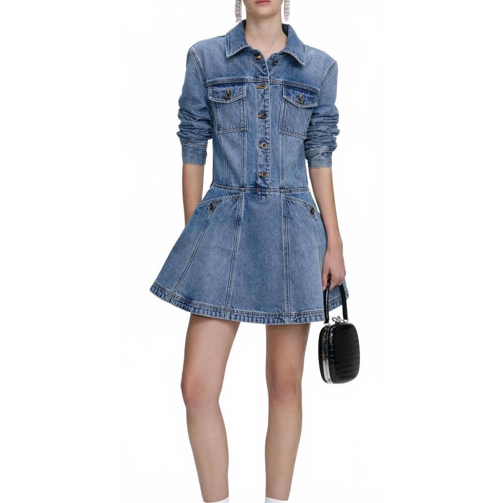 NEW SELF-PORTRAIT denim mini shirt dress in blue
